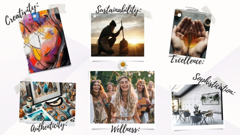 Collage showcasing creativity, sustainability, wellness, excellence, authenticity, and sophistication in lifestyle themes.