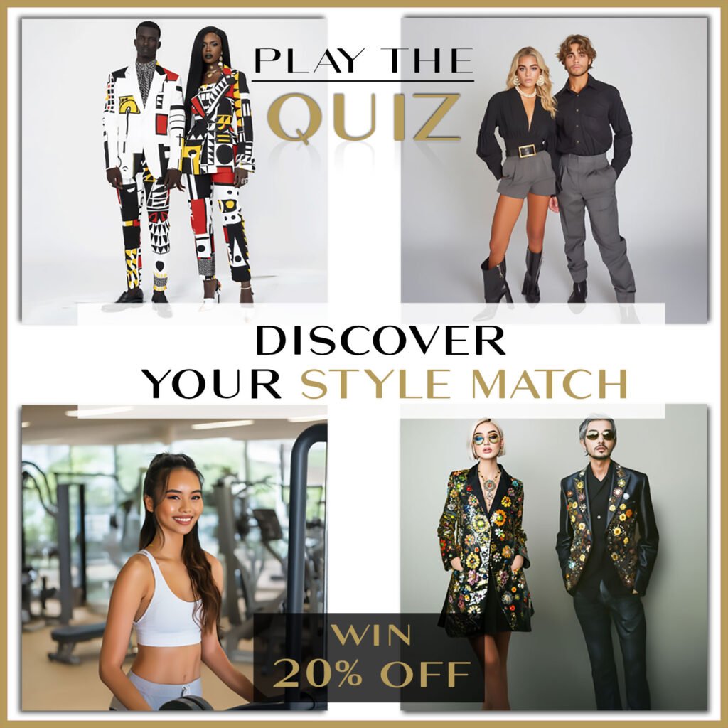 Promotional image for a style quiz showcasing fashion styles and offering a chance to win 20% off
