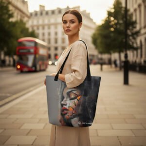 UCAMMI Atelier Large Abstract Face Art Tote Bag – Double-Sided Design featuring abstract female face print on front and UCAMMI pattern on back