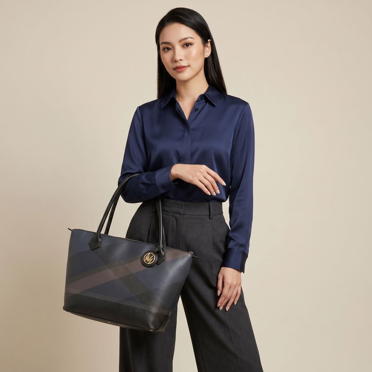 Designer leather tote bag styled in a premium everyday lifestyle setting