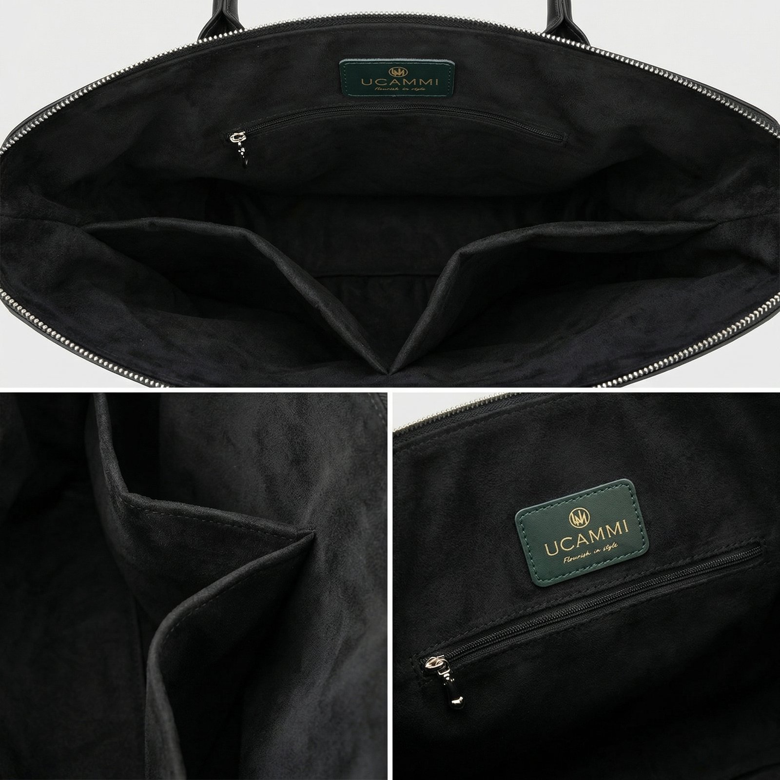 Nappa leather tote bag interior with zip top and internal pockets