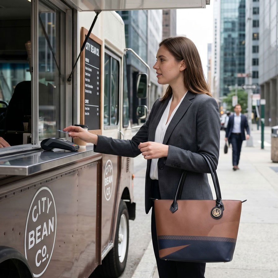 Nappa leather tote bag styled in a luxury lifestyle coffee setting