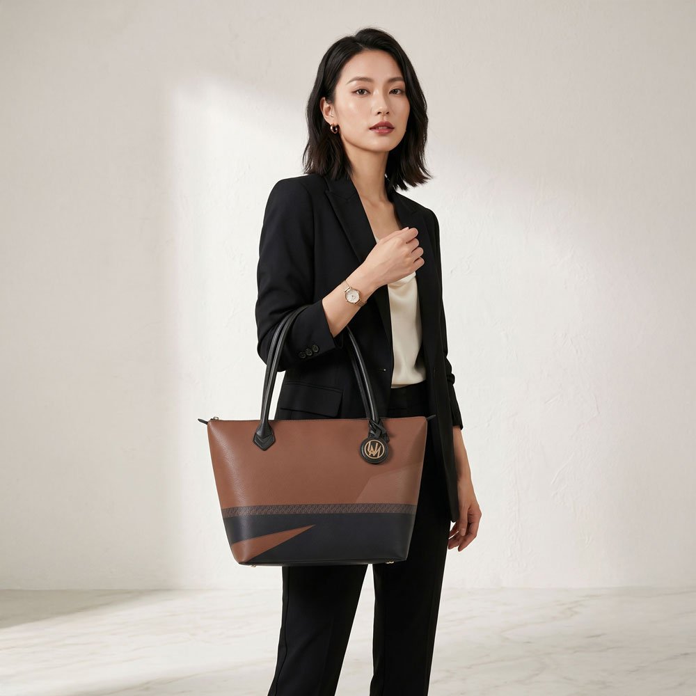 Nappa leather tote bag carried by a woman in a premium fashion studio image