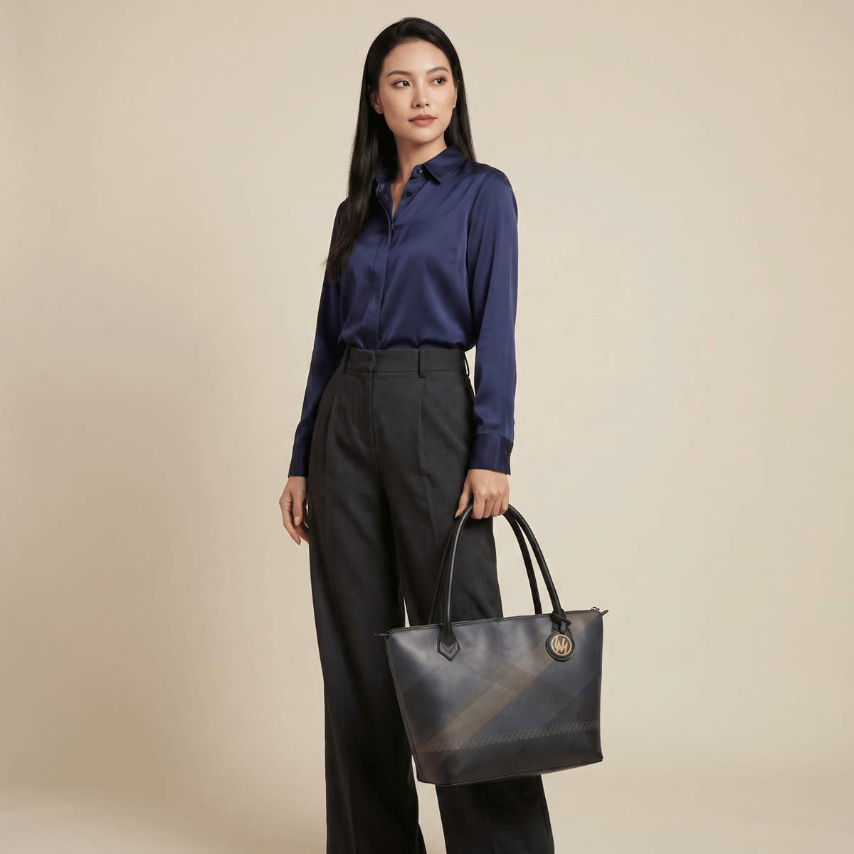 Luxury leather tote bag styled with model for premium everyday outfits