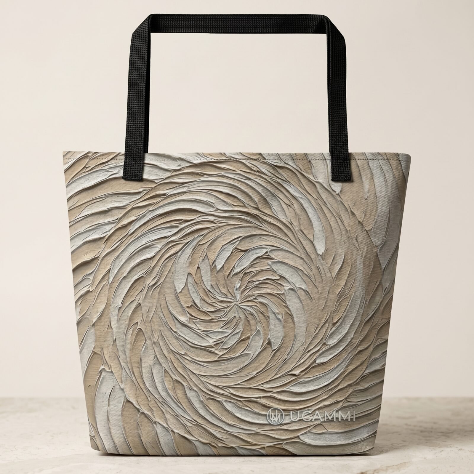 Soule Patient Spiral large tote bag with pocket in beige textured-look spiral print and black handles, front view