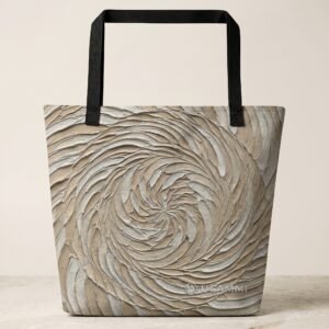Soule Patient Spiral large tote bag with pocket in beige textured-look spiral print and black handles, front view