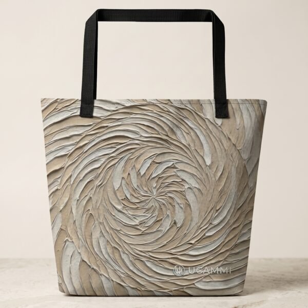 Soule Patient Spiral large tote bag with pocket in beige textured-look spiral print and black handles, front view